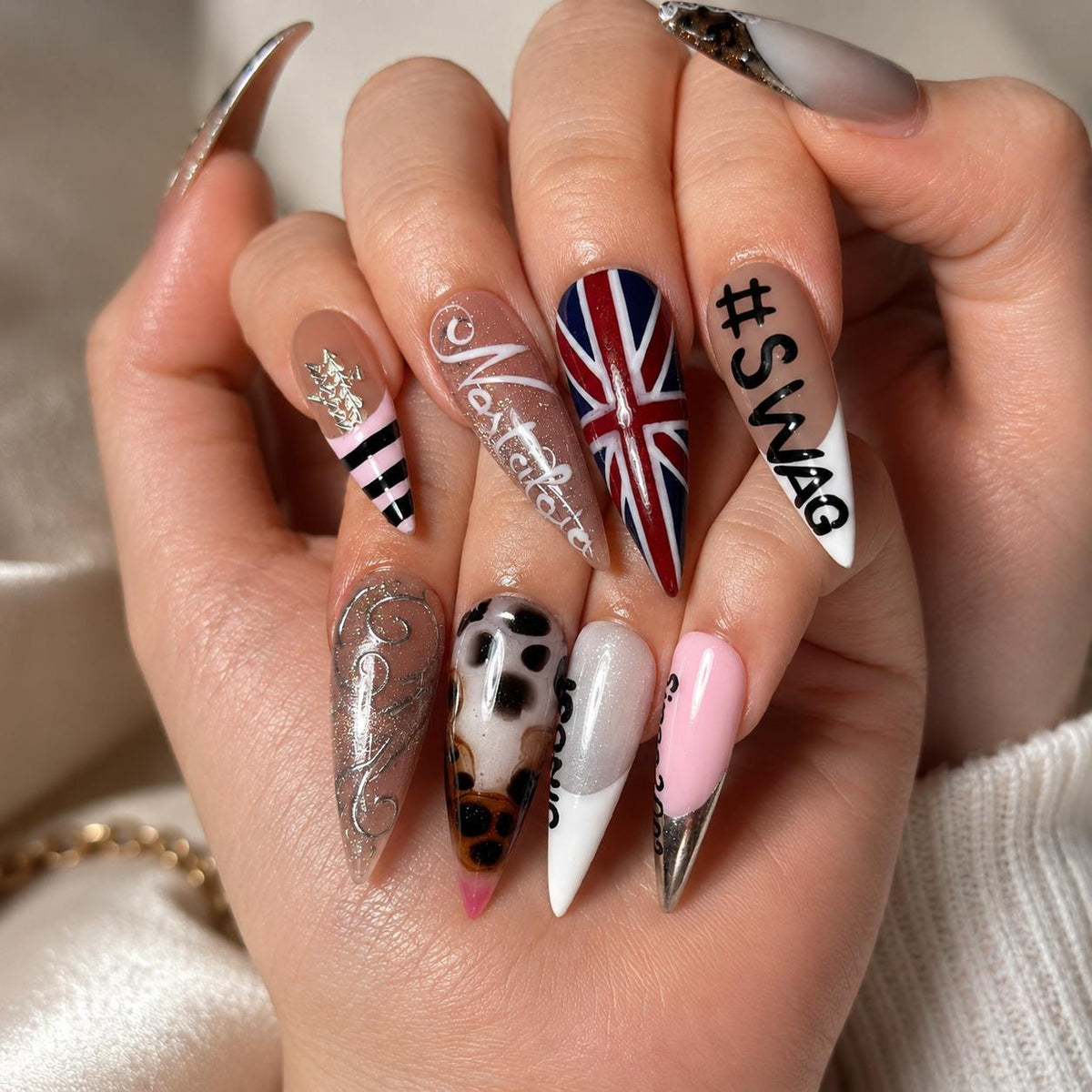 4th of July Press On Nails Long Stiletto • USA Holiday Look •Red White Blue Animal Print Stiletto Fake Nails|  JB421LC