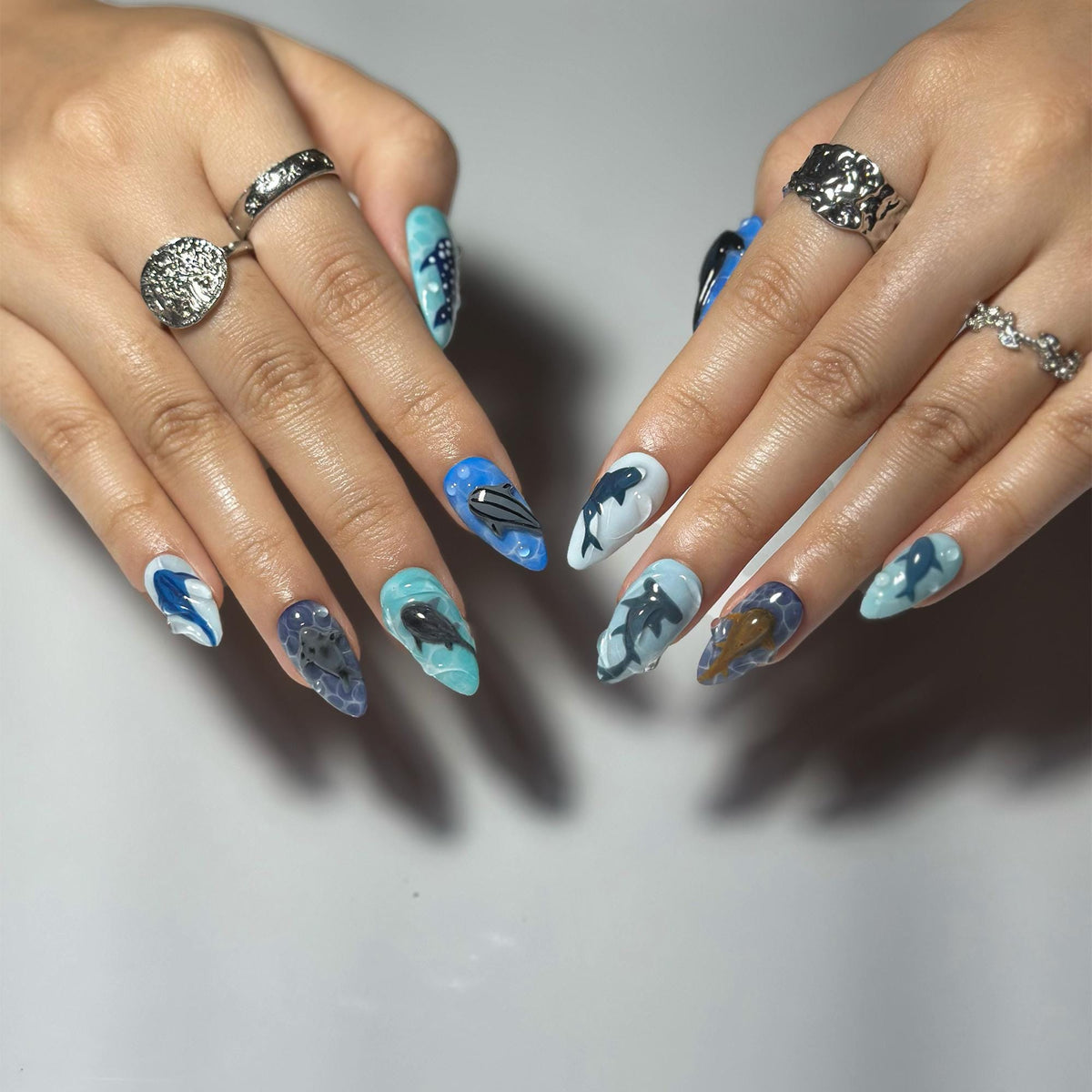 Handmade Shark Press On Nails summer | 3D Great White Shark Nails | Hammerhead Whale Shark | Shark Blue Sea Ocean Nails | JB410LK