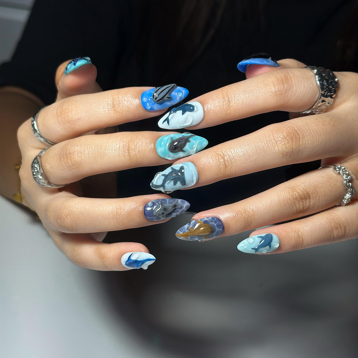 Handmade Shark Press On Nails summer | 3D Great White Shark Nails | Hammerhead Whale Shark | Shark Blue Sea Ocean Nails | JB410LK