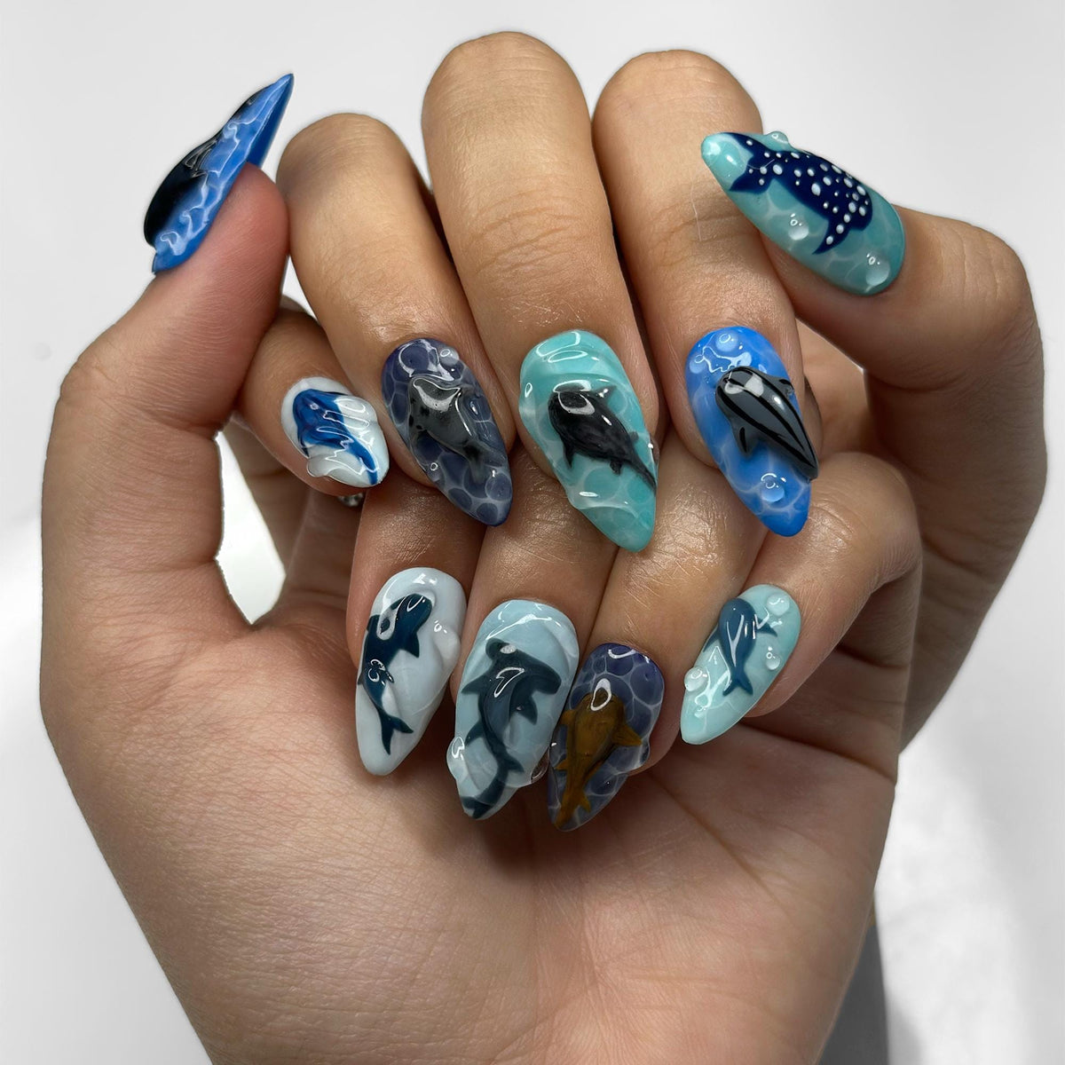 Handmade Shark Press On Nails summer | 3D Great White Shark Nails | Hammerhead Whale Shark | Shark Blue Sea Ocean Nails | JB410LK
