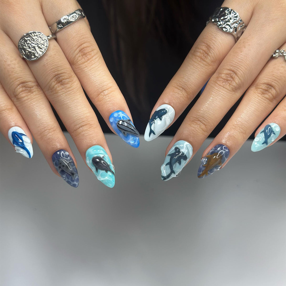 Handmade Shark Press On Nails summer | 3D Great White Shark Nails | Hammerhead Whale Shark | Shark Blue Sea Ocean Nails | JB410LK