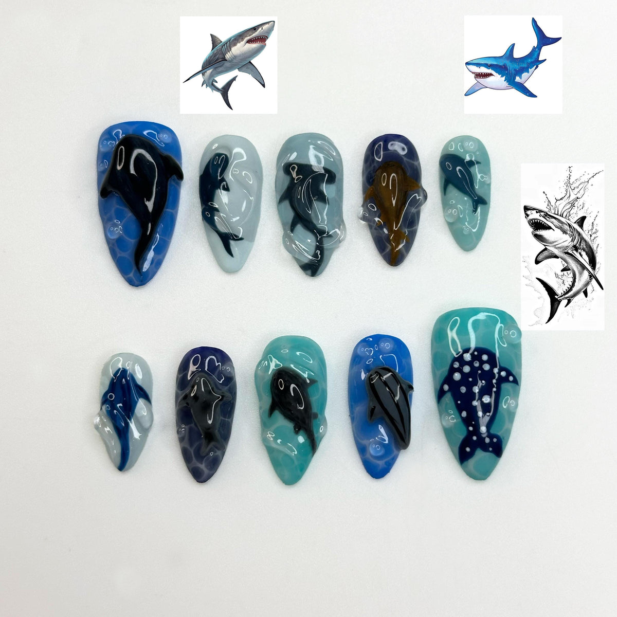Handmade Shark Press On Nails summer | 3D Great White Shark Nails | Hammerhead Whale Shark | Shark Blue Sea Ocean Nails | JB410LK