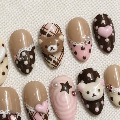 Chocolate Bear Press On Nails, Kawaii Coquette Nail Design