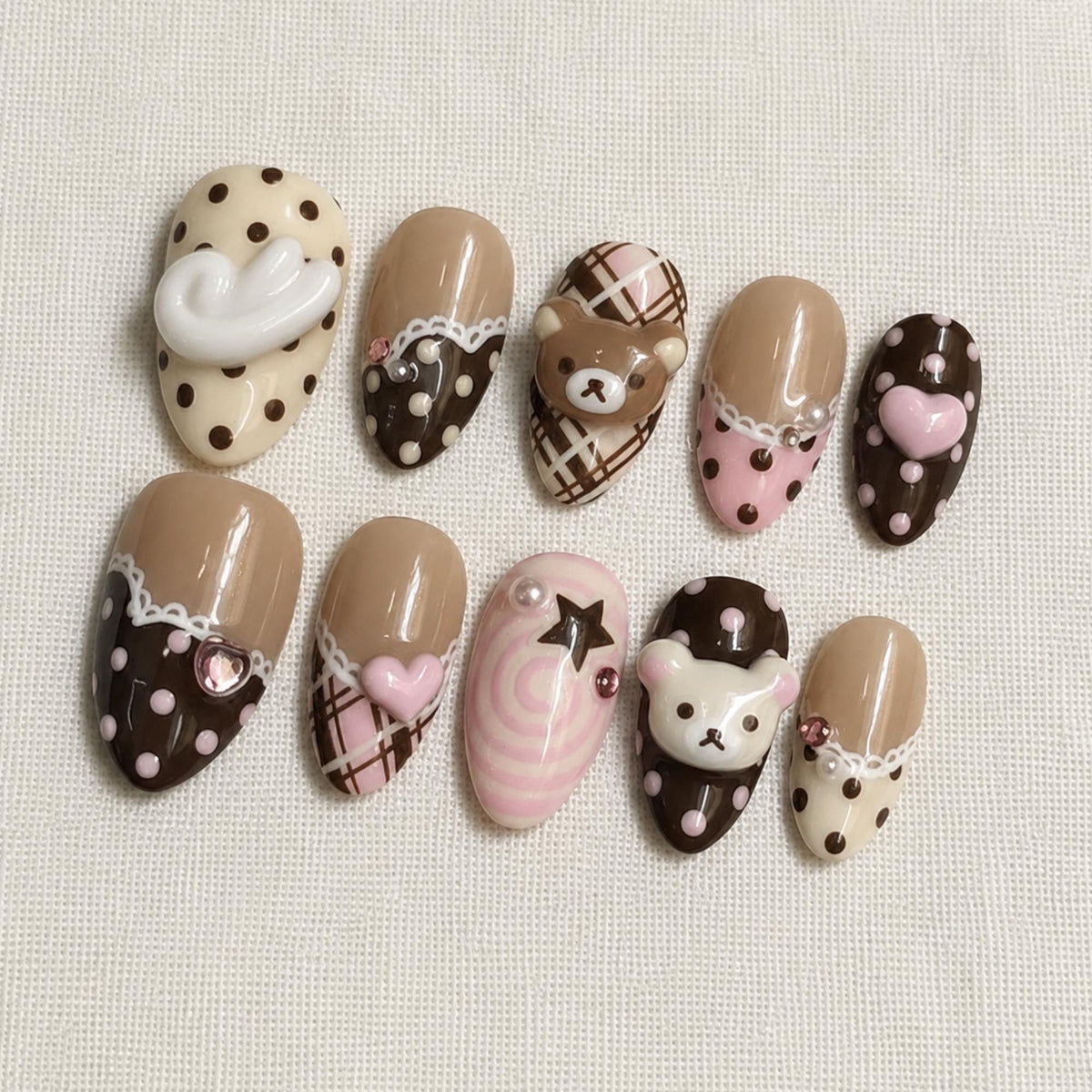 Chocolate Bear Press On Nails, Kawaii Coquette Nail Design