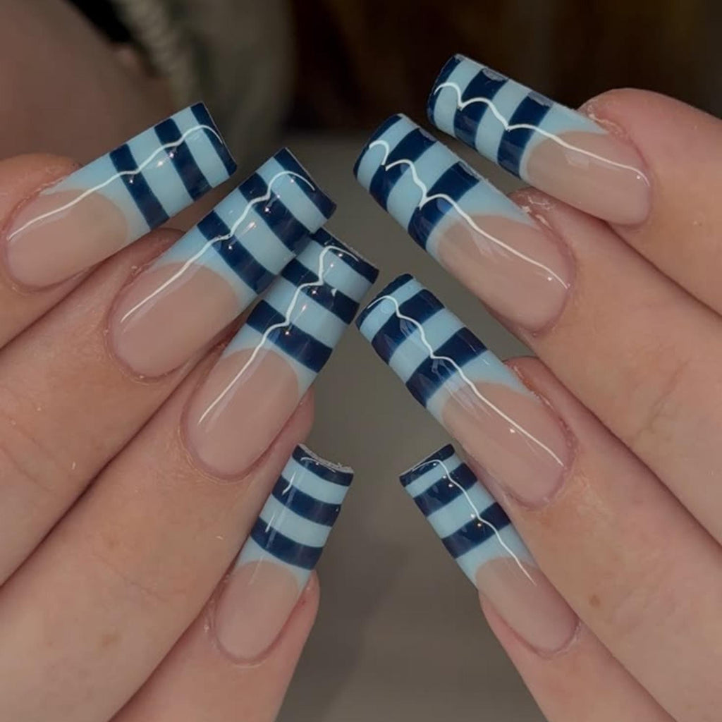 Blue French Tip Press On Nails, Navy Stripe Coastal Summer Nails