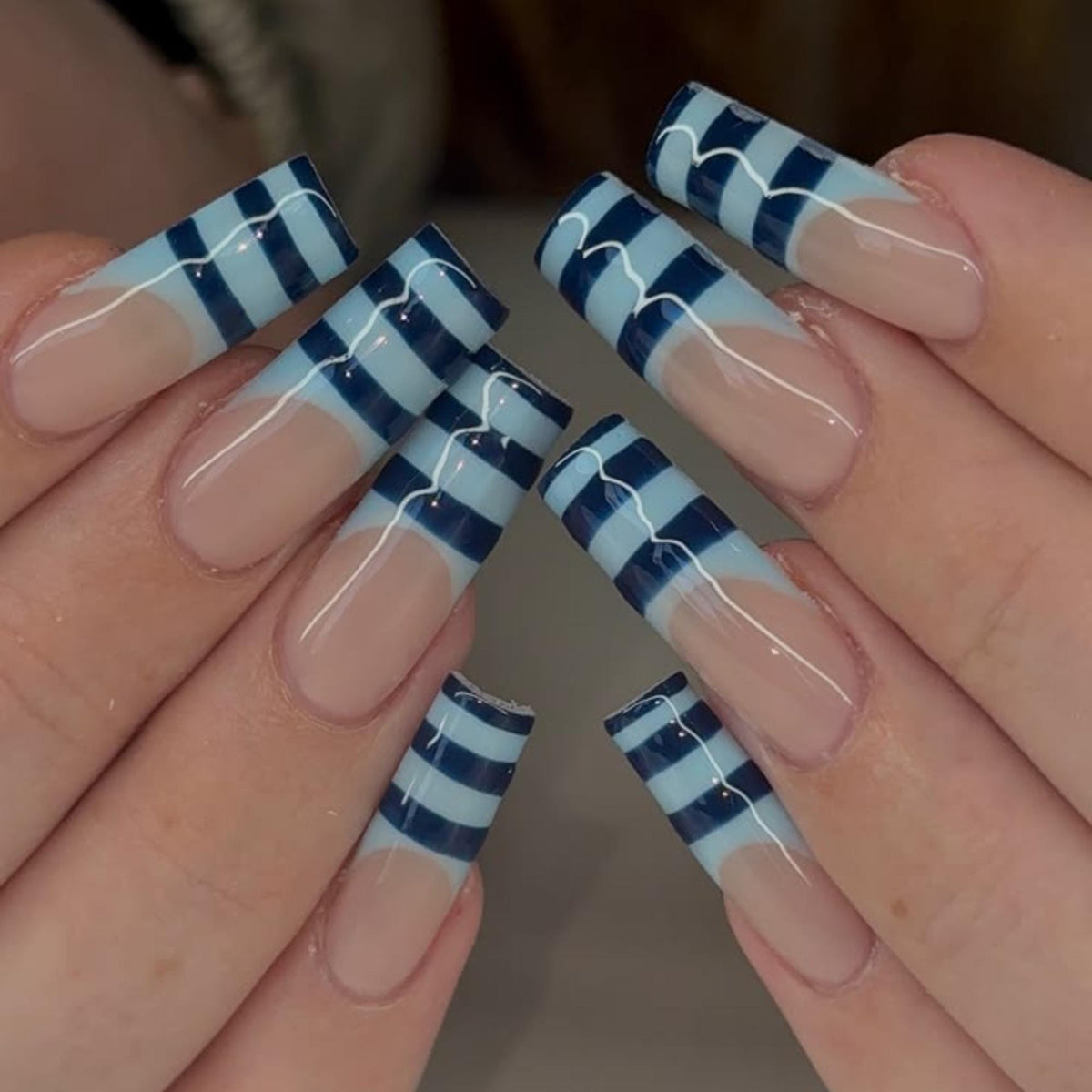 Blue French Tip Press On Nails, Navy Stripe Coastal Summer Nails