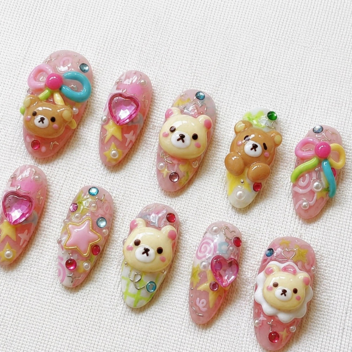 Handmade Kawaii Press On Nails with 3D Cartoon Bear and Pink Bows