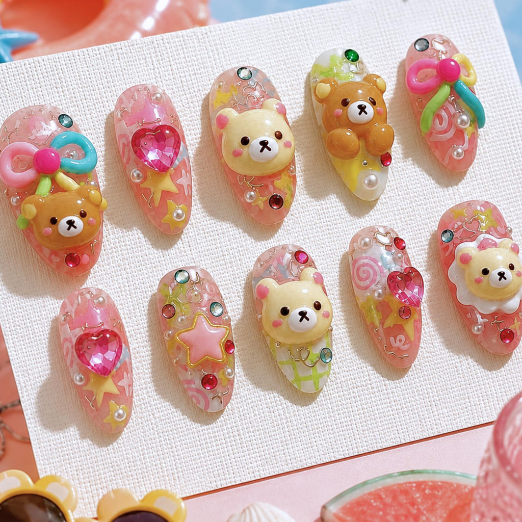 Handmade Kawaii Press On Nails with 3D Cartoon Bear and Pink Bows