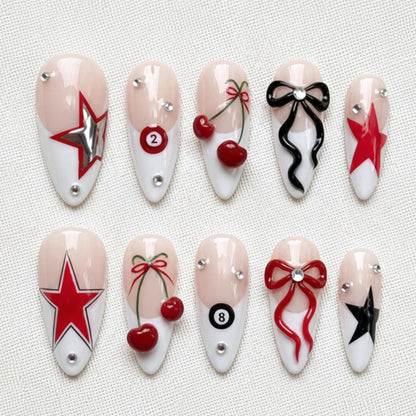 Red Star Y2K Press On Nails, Cherry Bow Nail Design