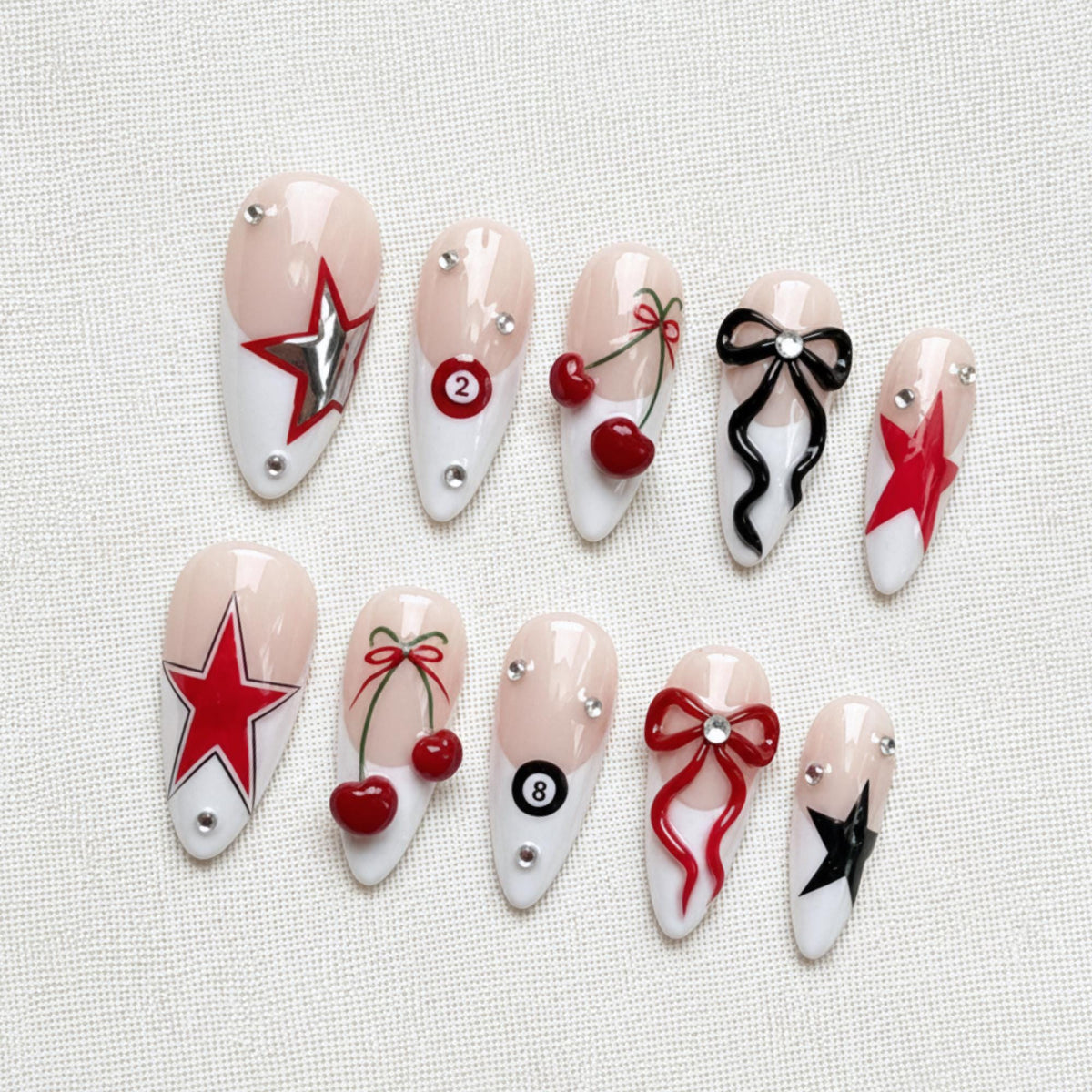 Red Star Y2K Press On Nails, Cherry Bow Nail Design