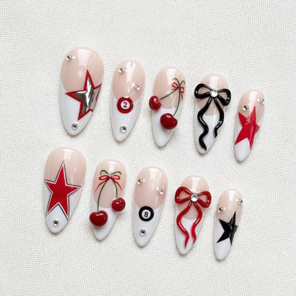 Red Star Y2K Press On Nails, Cherry Bow Nail Design