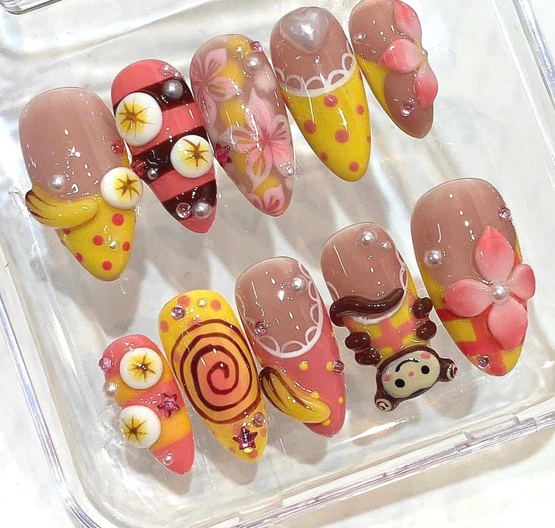 Kawaii Banana 3D Flower Press On Nails, Pink Yellow Fruit Art, Monkey Nail Art