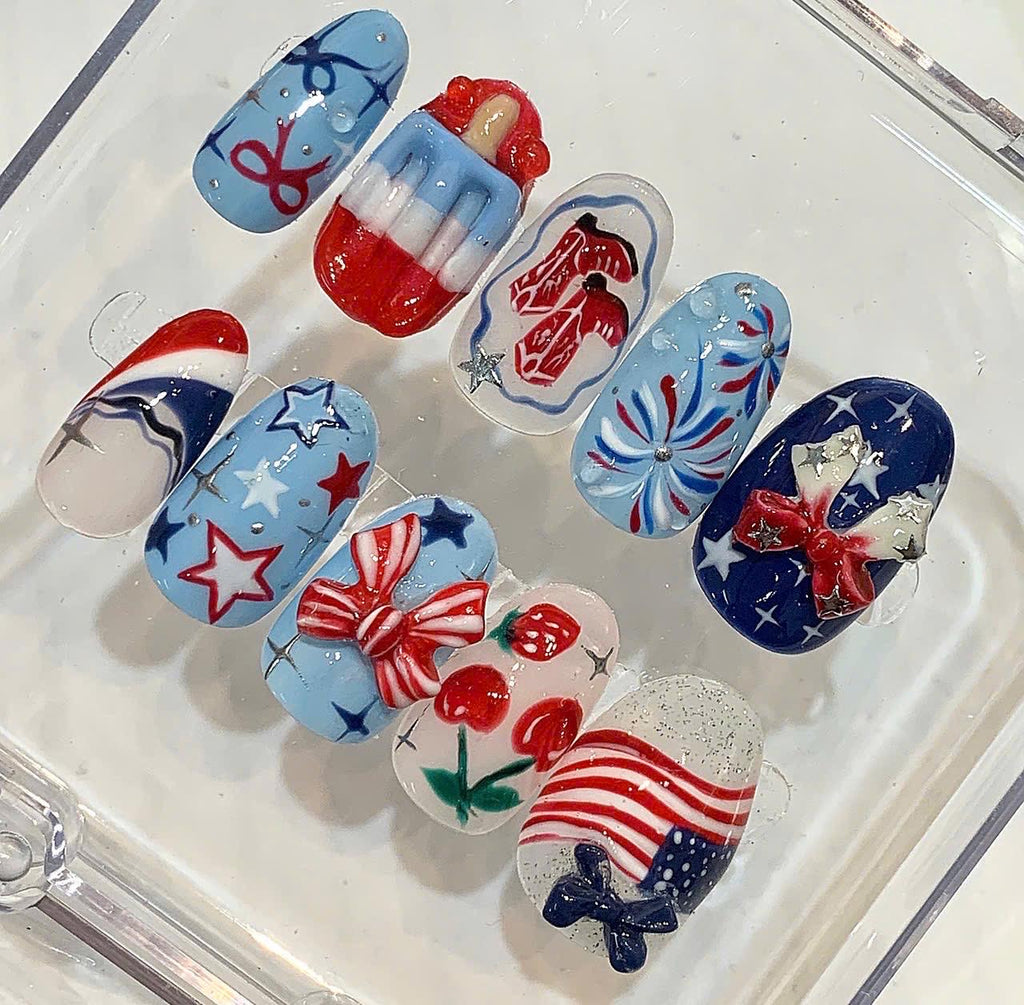 American Flag Red White Blue Nail Set | Cowboy Boots, Fireworks & Popsicle | Handmade Reusable Nails