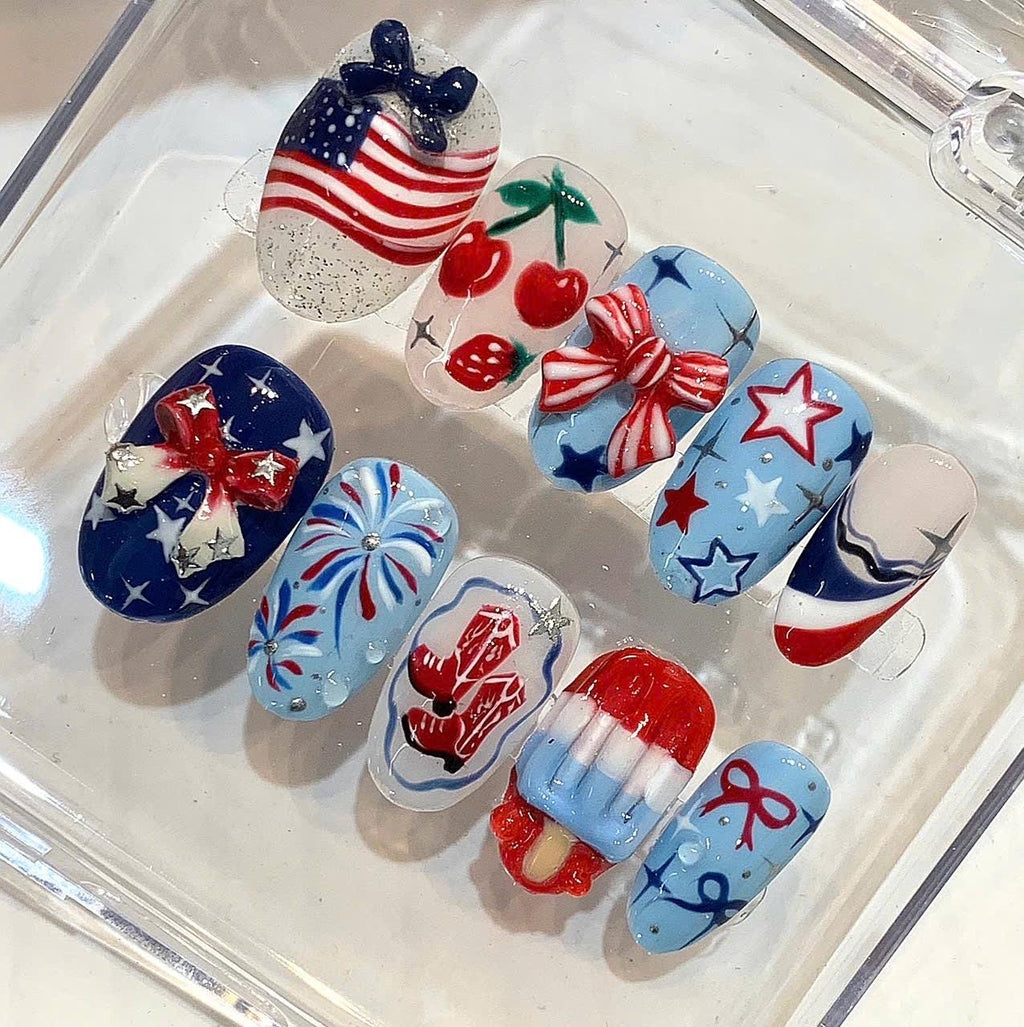 American Flag Red White Blue Nail Set | Cowboy Boots, Fireworks & Popsicle | Handmade Reusable Nails