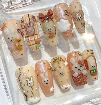 3D Bunny Rabbit Press On Nails, Kawaii Bear Coquette Bow Art