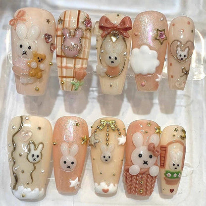 3D Bunny Rabbit Press On Nails, Kawaii Bear Coquette Bow Art
