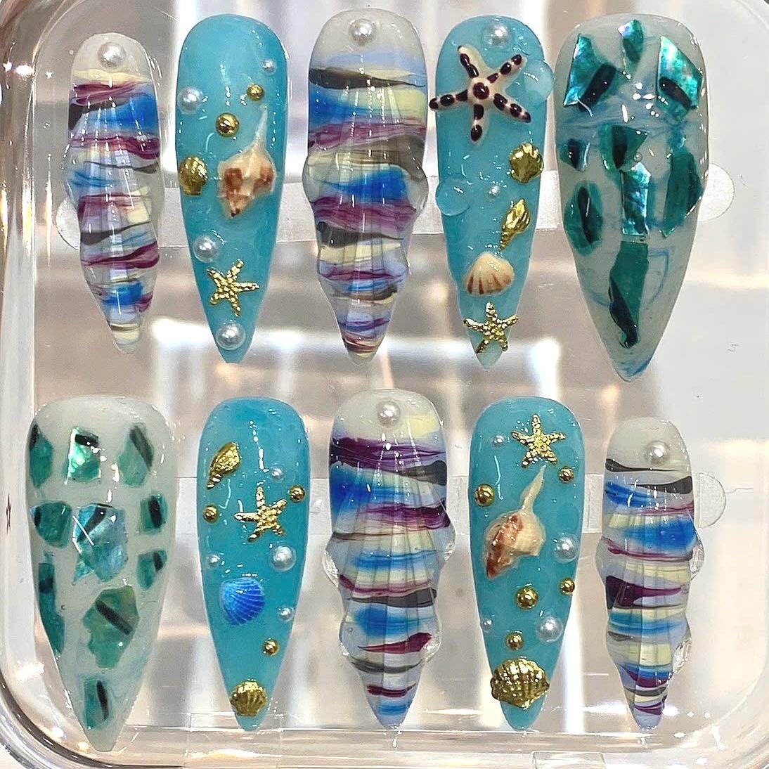 3D Seashell Press On Nails | Blue Mermaid Summer False Nail Set