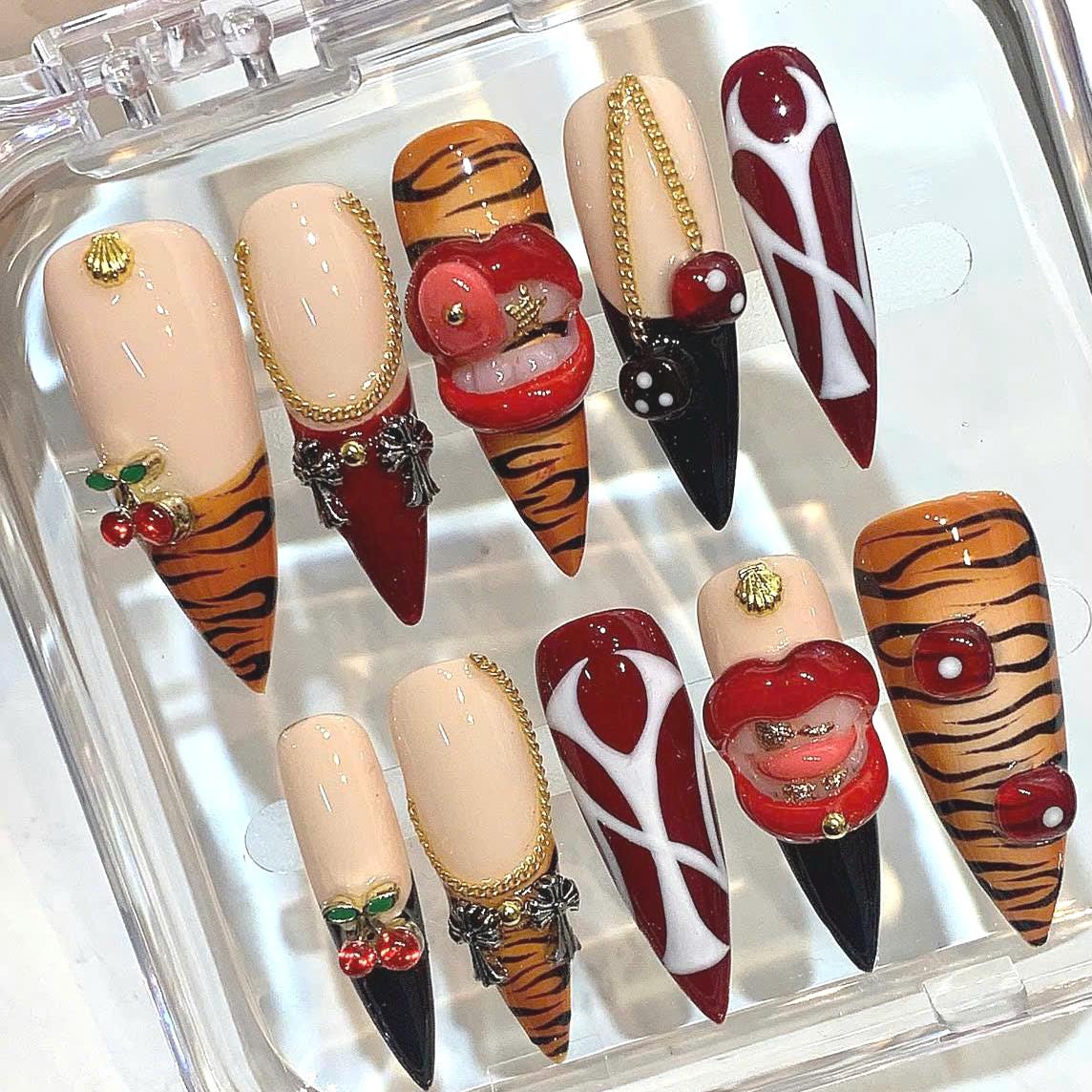Tiger Print Press On Nails: Red Lips, Cherry Charm, Reusable Nail Art Set
