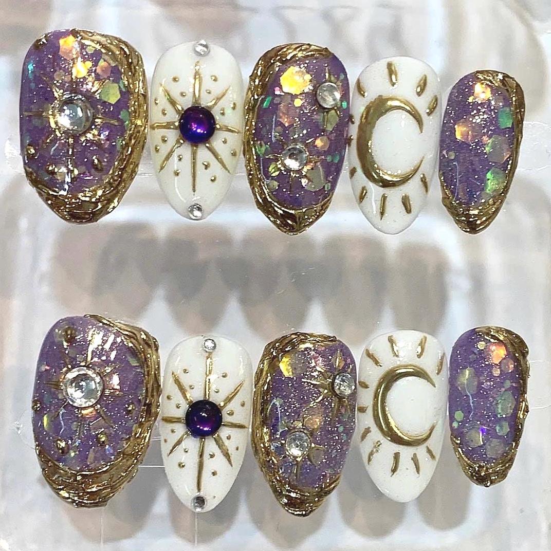 Purple Celestial Press On Nails | Moon & Star Galaxy Nails | Mystical Witchy Handmade Nail Set