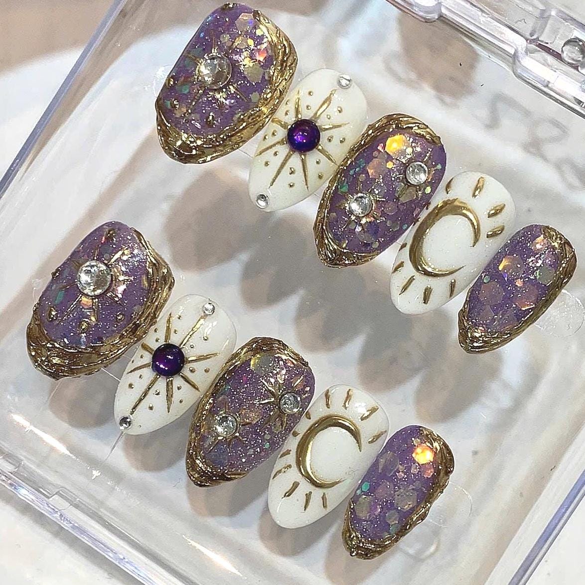 Purple Celestial Press On Nails | Moon & Star Galaxy Nails | Mystical Witchy Handmade Nail Set