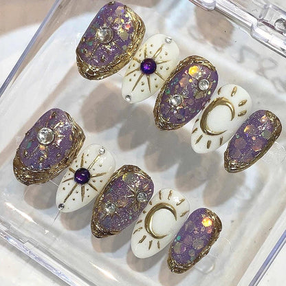 Purple Celestial Press On Nails | Moon & Star Galaxy Nails | Mystical Witchy Handmade Nail Set