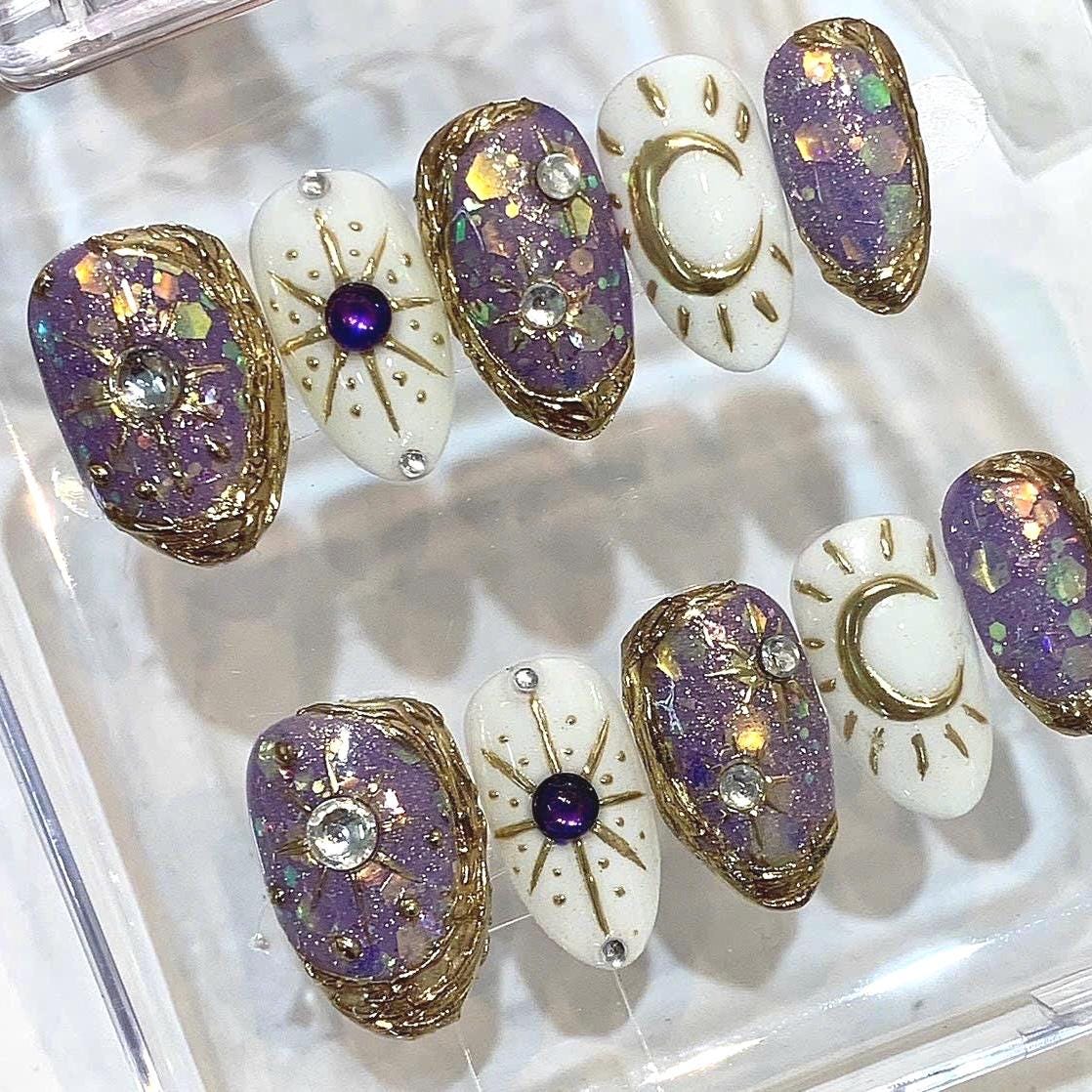 Purple Celestial Press On Nails | Moon & Star Galaxy Nails | Mystical Witchy Handmade Nail Set