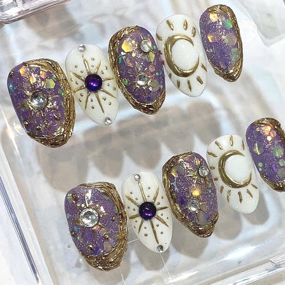 Purple Celestial Press On Nails | Moon & Star Galaxy Nails | Mystical Witchy Handmade Nail Set