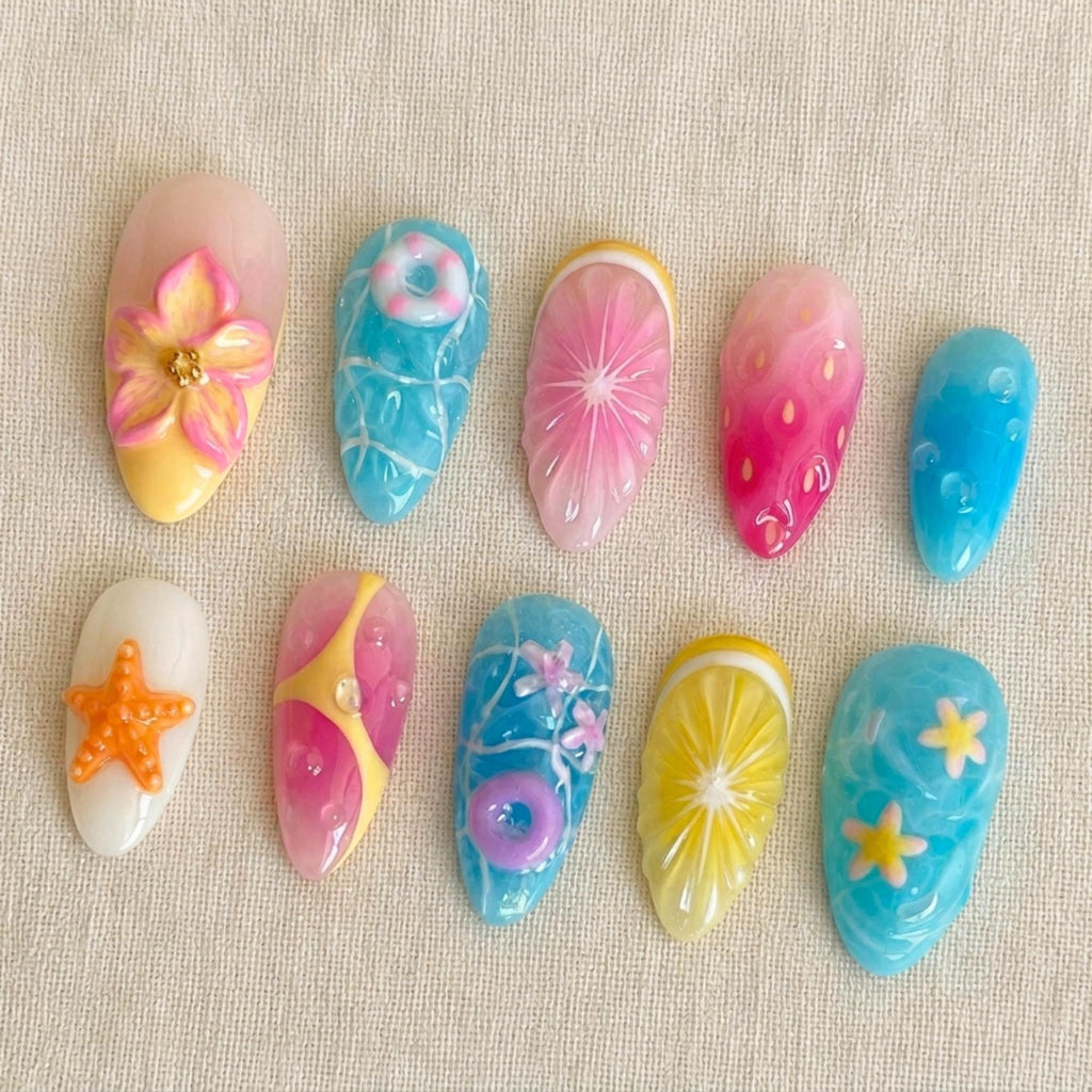 Beach Vacation Press On Nails, Ocean Citrus Summer Nail Set