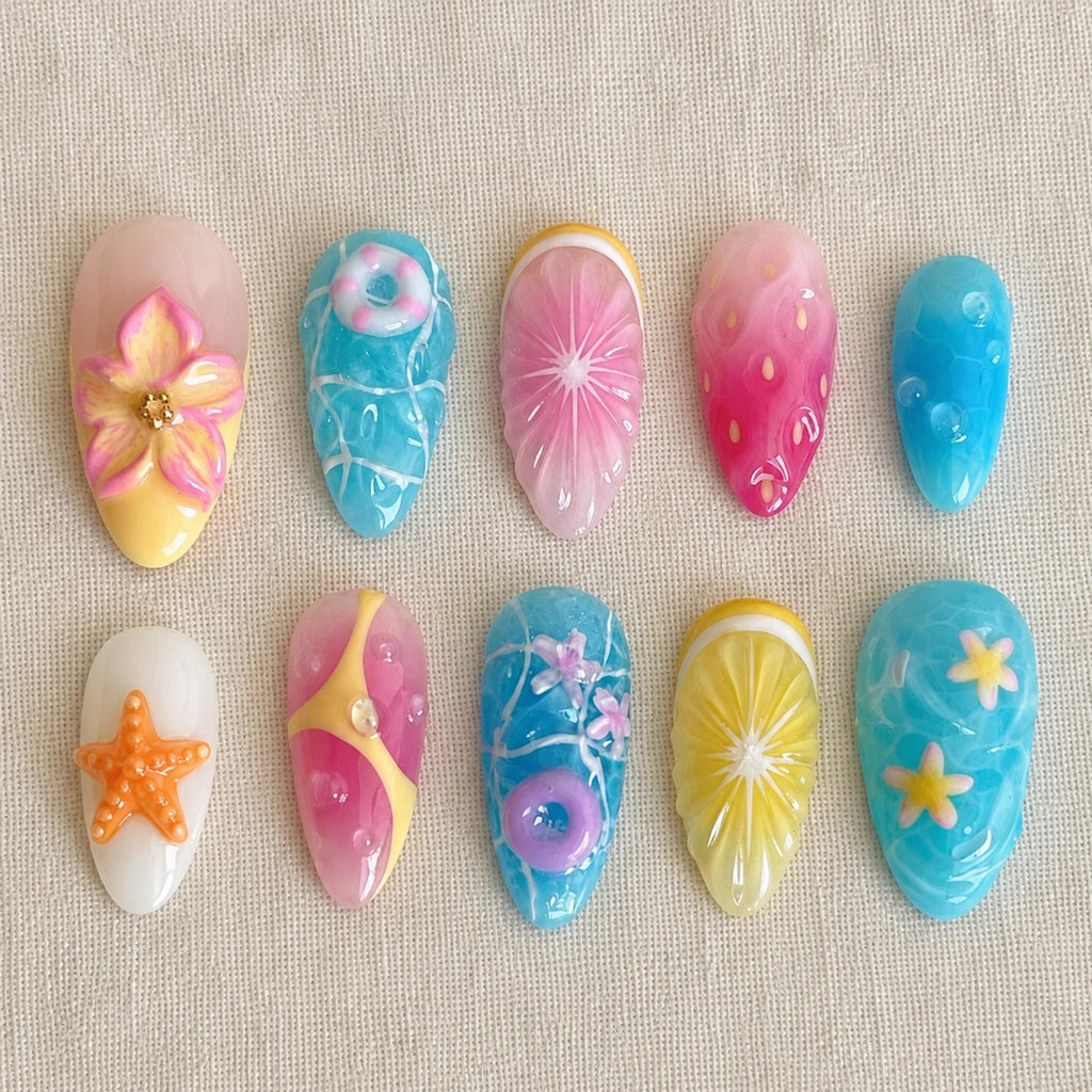 Beach Vacation Press On Nails, Ocean Citrus Summer Nail Set