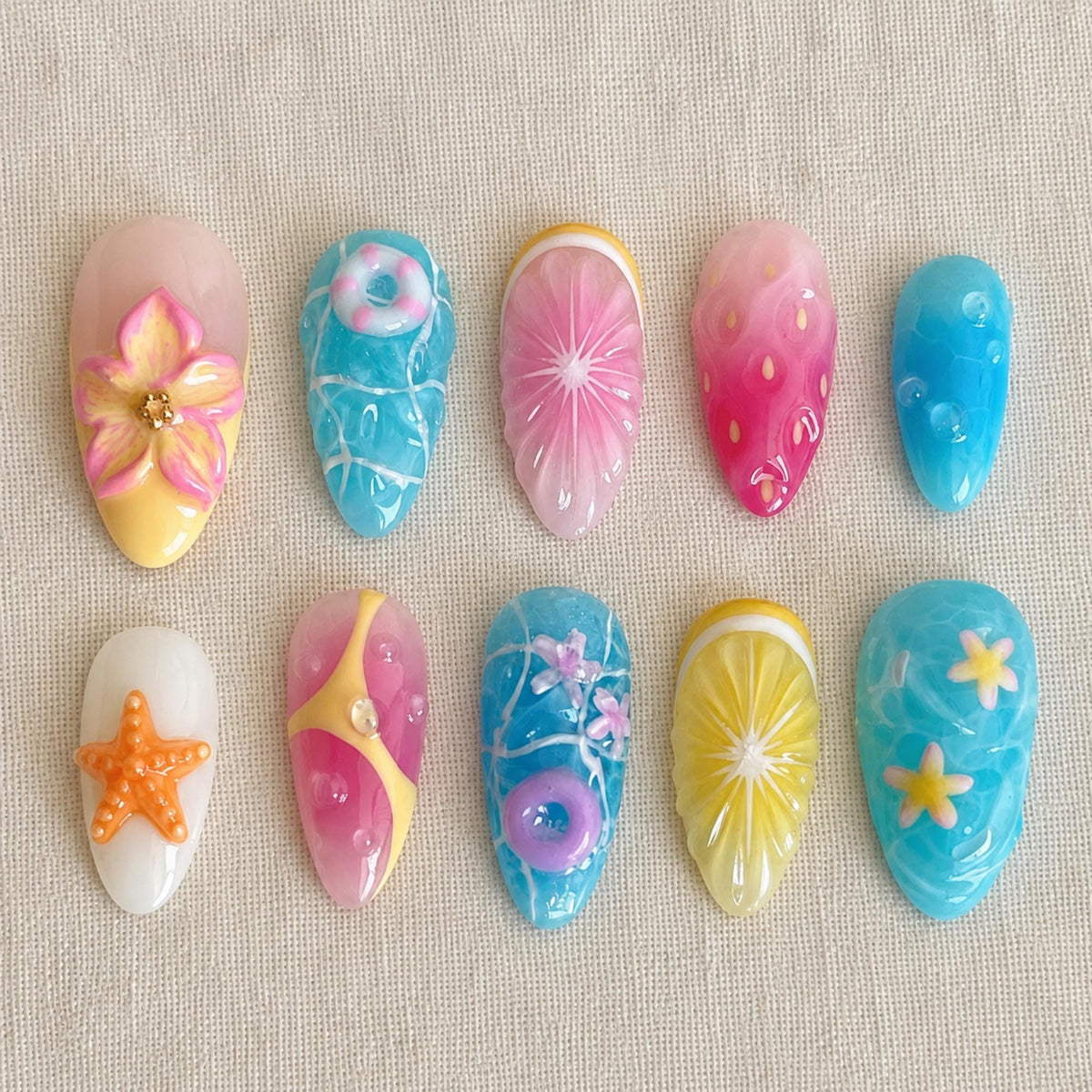 Beach Vacation Press On Nails, Ocean Citrus Summer Nail Set