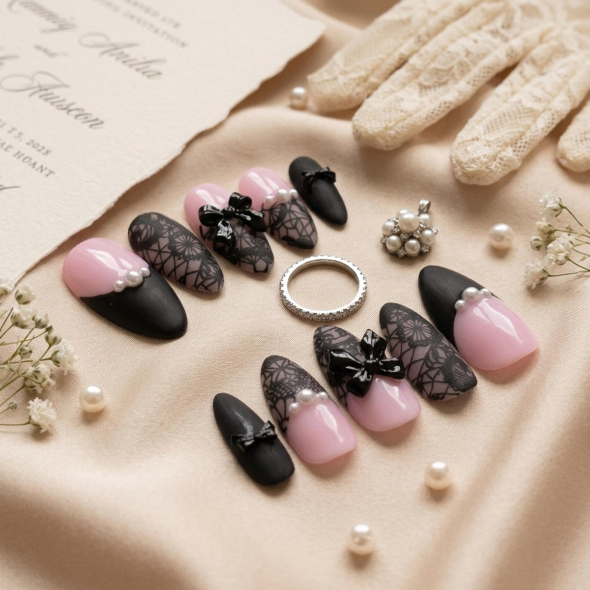 Black Lace Press On Nails, Coquette Gothic Bridal Nails