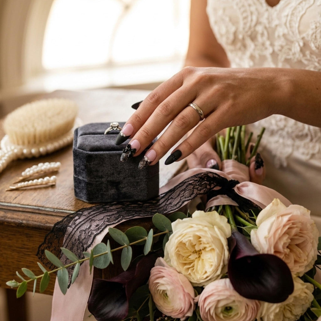 Black Lace Press On Nails, Coquette Gothic Bridal Nails