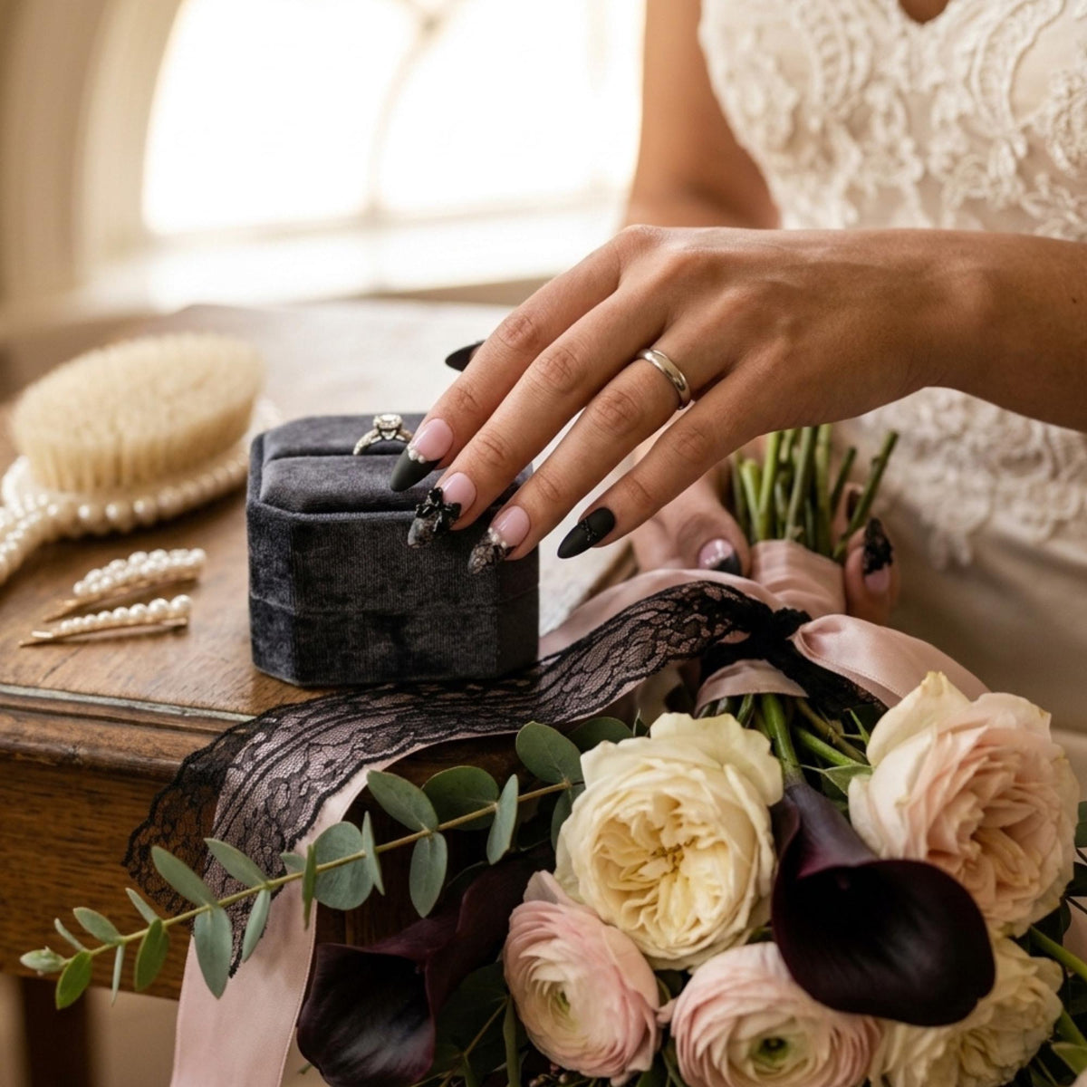 Black Lace Press On Nails, Coquette Gothic Bridal Nails
