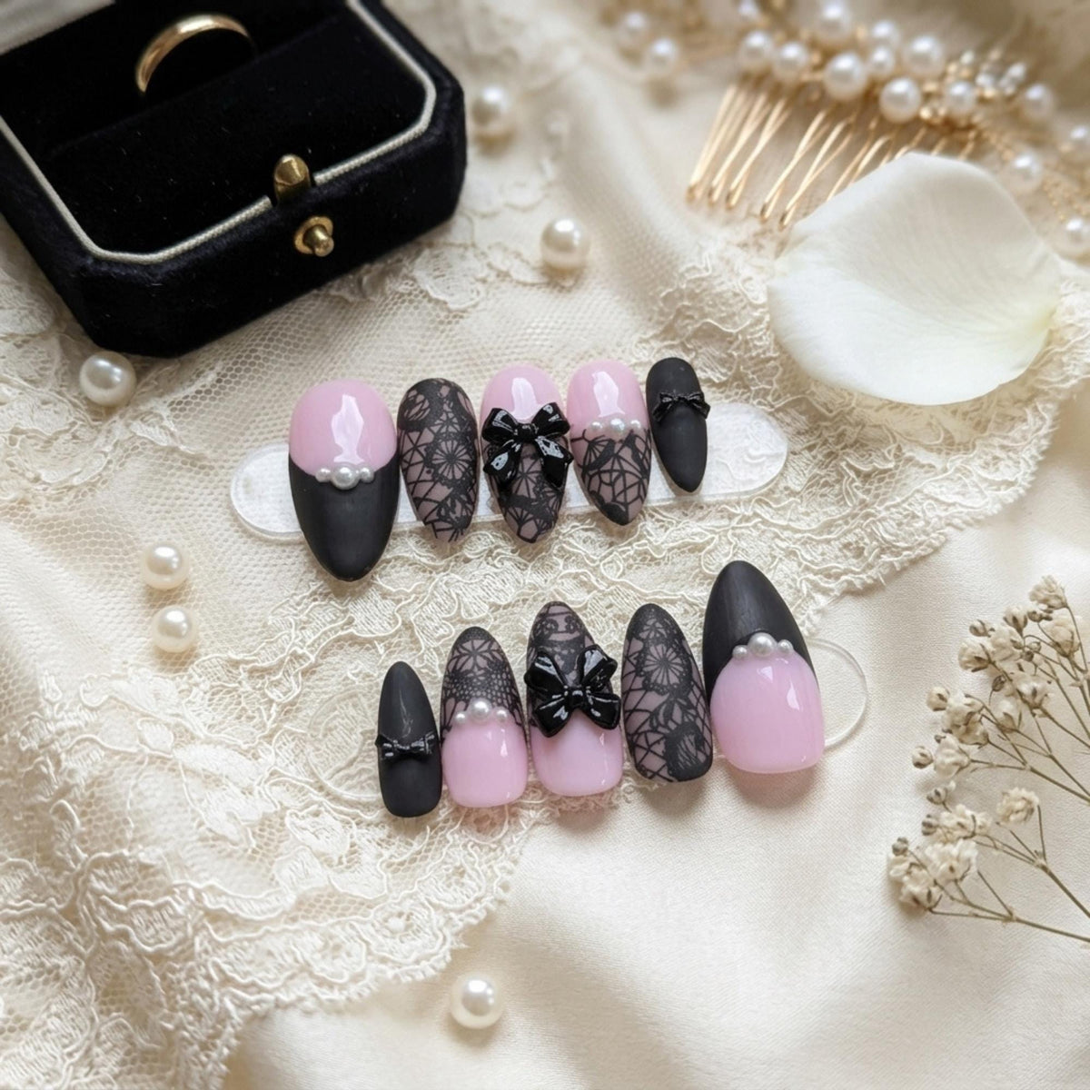 Black Lace Press On Nails, Coquette Gothic Bridal Nails