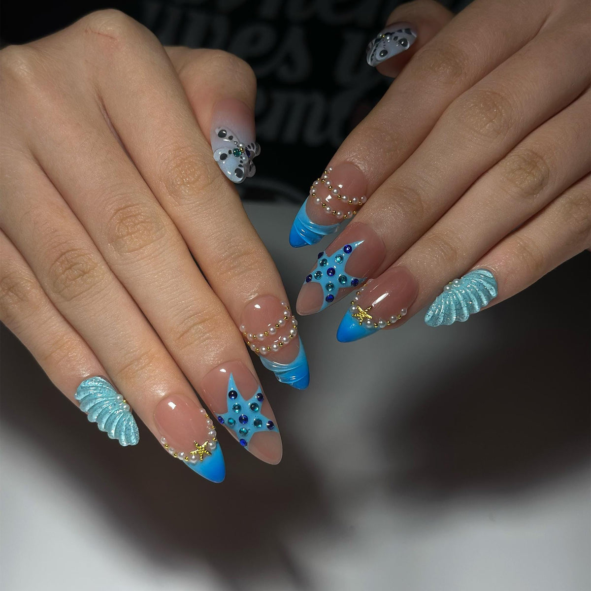 Summer Beach Press On Nails Almond • Vacation Holiday Nails • 3D Blue Starfish Pearl Seashell Tropical Ocean Handmade Fake Nails| JB422LC