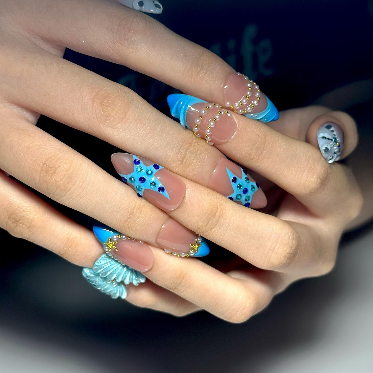 Summer Beach Press On Nails Almond • Vacation Holiday Nails • 3D Blue Starfish Pearl Seashell Tropical Ocean Handmade Fake Nails| JB422LC