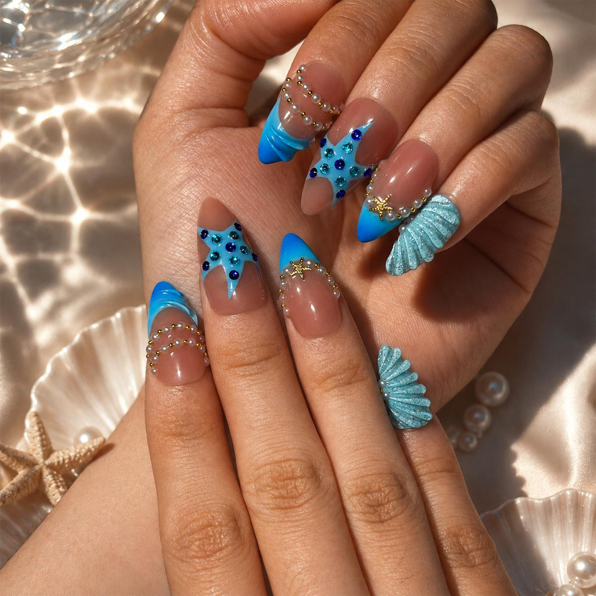 Summer Beach Press On Nails Almond • Vacation Holiday Nails • 3D Blue Starfish Pearl Seashell Tropical Ocean Handmade Fake Nails| JB422LC
