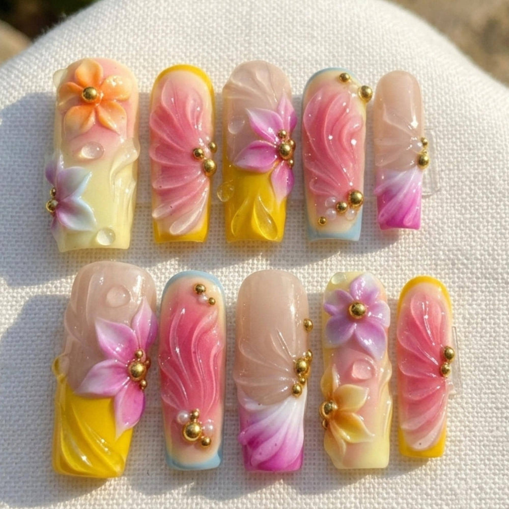 3D Flower Press On Nails, Kawaii Whimsical Nail Art, Handmade Summer Spring Nails