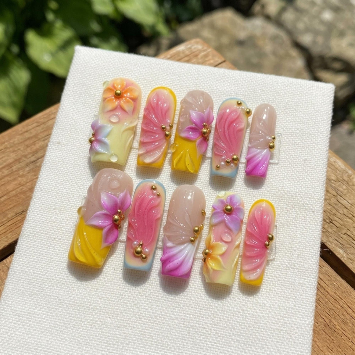 3D Flower Press On Nails, Kawaii Whimsical Nail Art, Handmade Summer Spring Nails