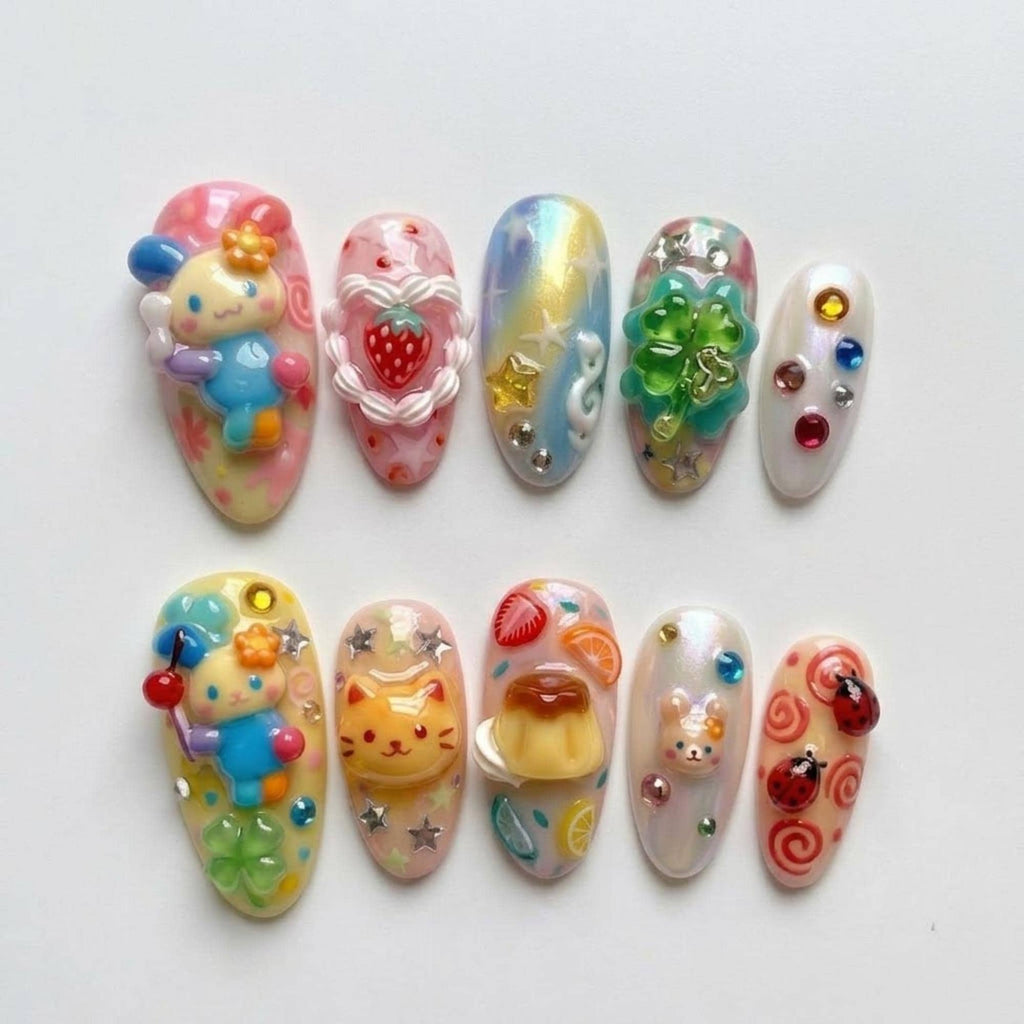 Usahana Kawaii Press On Nails, Cute 3D Strawberry Citrus Nails, Yellow Blue Pastel Nail Set, Handmade Gel Nails