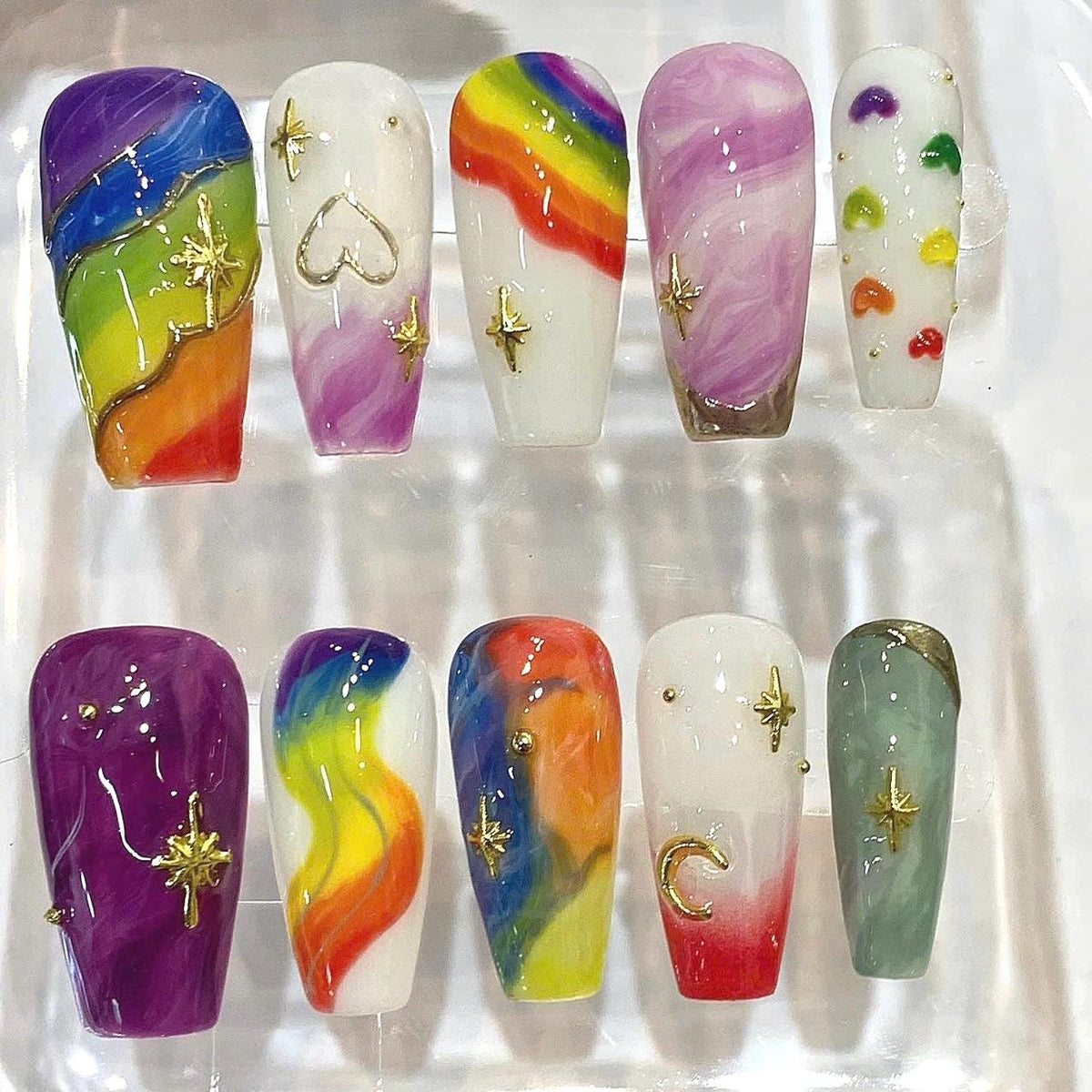 Celestial Rainbow Press On Nails | Marble Coffin Set | Fantasy Aura Y2K Style