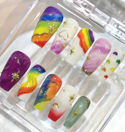 Celestial Rainbow Press On Nails | Marble Coffin Set | Fantasy Aura Y2K Style