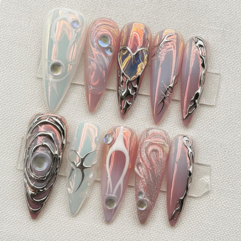 Cyber Chrome Press On Nails, Futuristic Metallic Alien Nail Set
