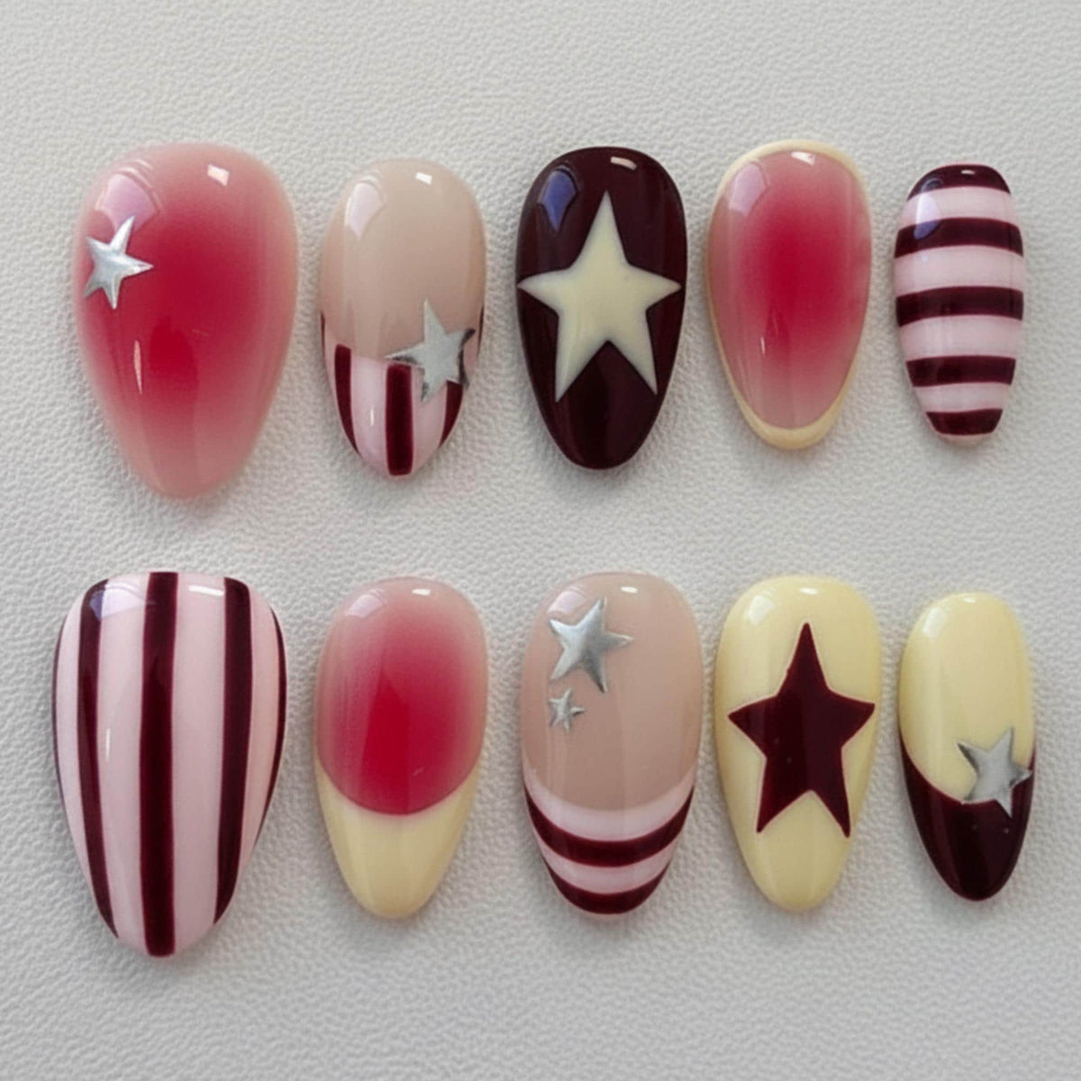 Burgundy Star Press On Nails: Handmade Retro Y2K Stripe Nail Art