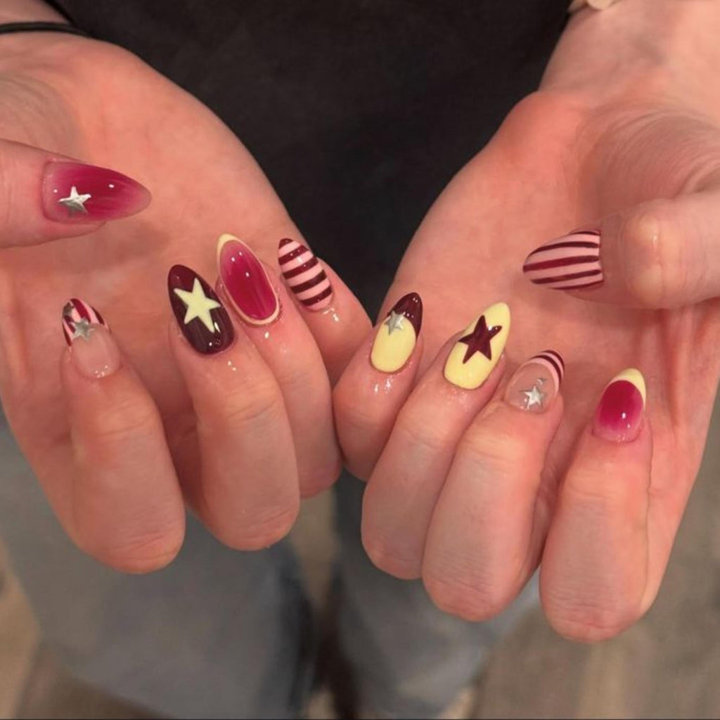 Burgundy Star Press On Nails: Handmade Retro Y2K Stripe Nail Art