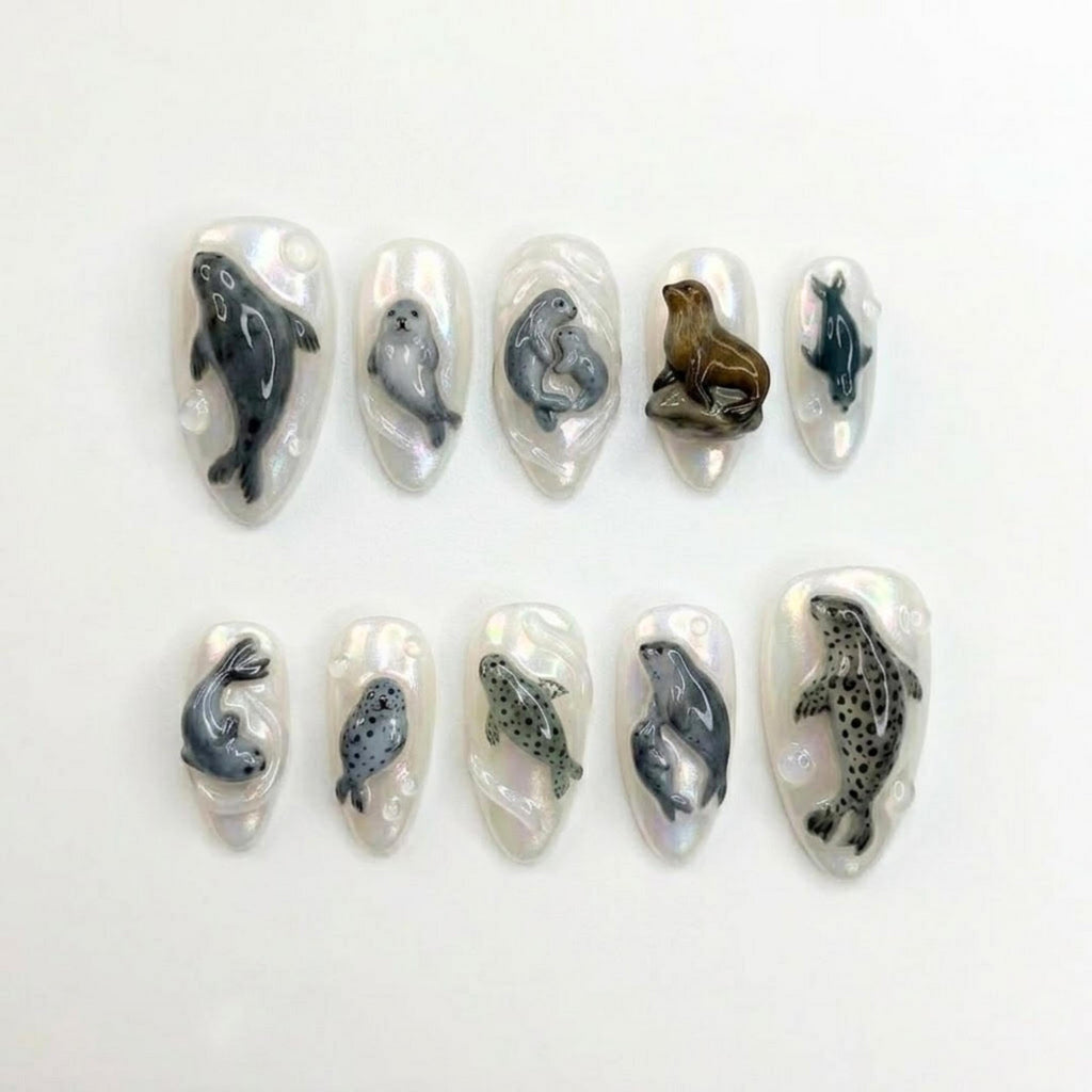 Handmade Pearl Seal Press On Nails | 3D Sea Lion, Spotted Seal & Iridescent Ocean Design | Cute Marine Life Nail Set