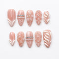 Pink Press On Nails Almond • Bridal Shower Gift Idea • Coquette Pearl Bow 3D Flower Lace Handmade Fake Nails Elegant Style| JB424LK
