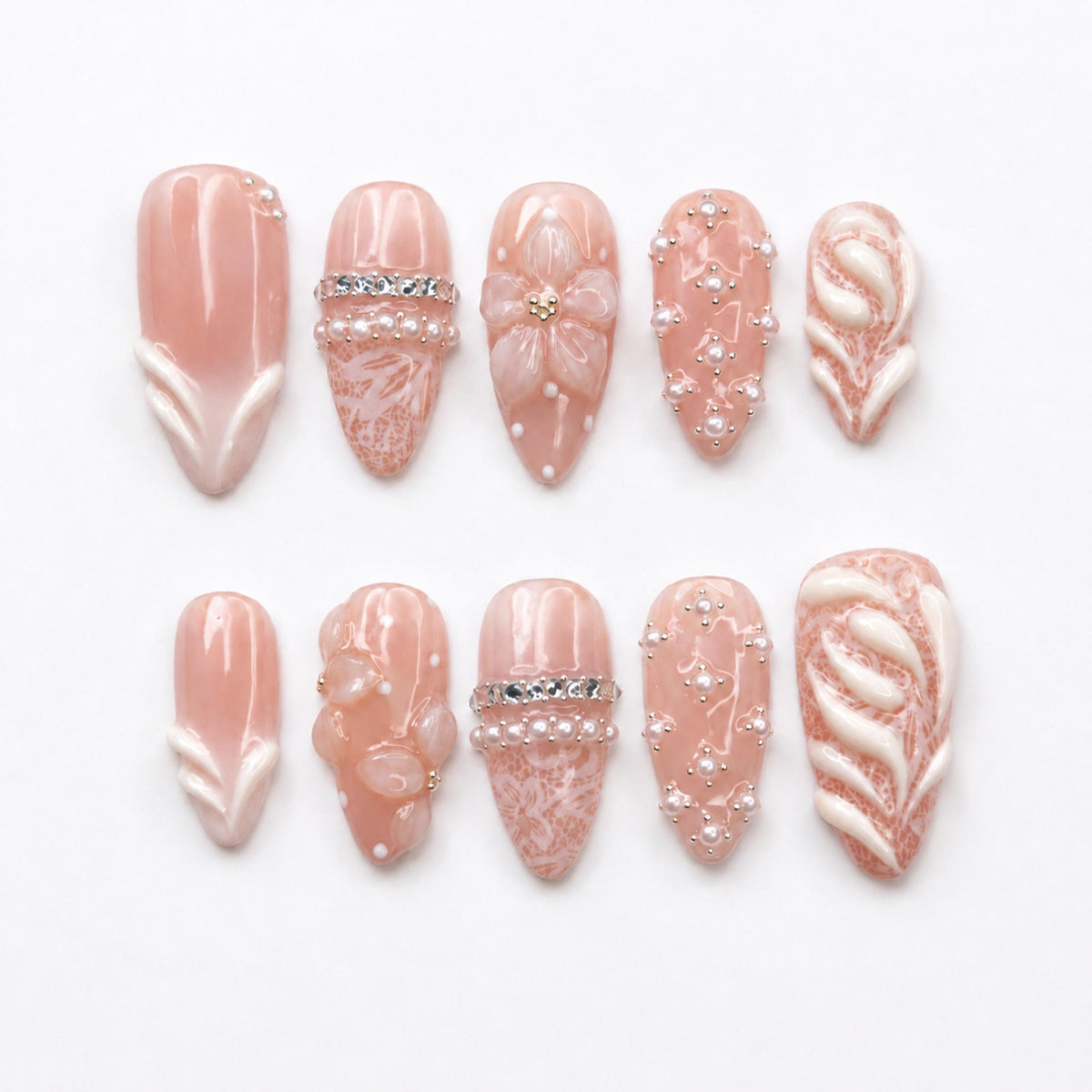 Pink Press On Nails Almond • Bridal Shower Gift Idea • Coquette Pearl Bow 3D Flower Lace Handmade Fake Nails Elegant Style| JB424LK