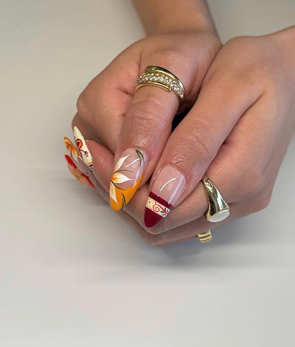 Fall Flower Press On Nails Medium Almond, Handmade Gel Burgundy Orange Floral Nail Set
