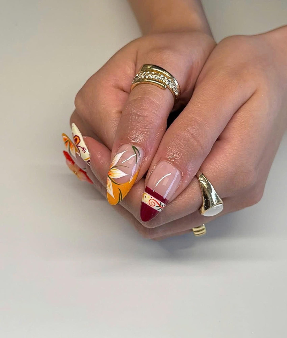 Fall Flower Press On Nails Medium Almond, Handmade Gel Burgundy Orange Floral Nail Set